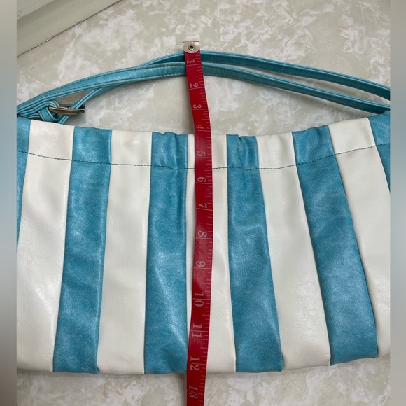 OKPTA Striped Turquoise and White Women's Bag cinches GUC rare and vintage style - Picture 8 of 13
